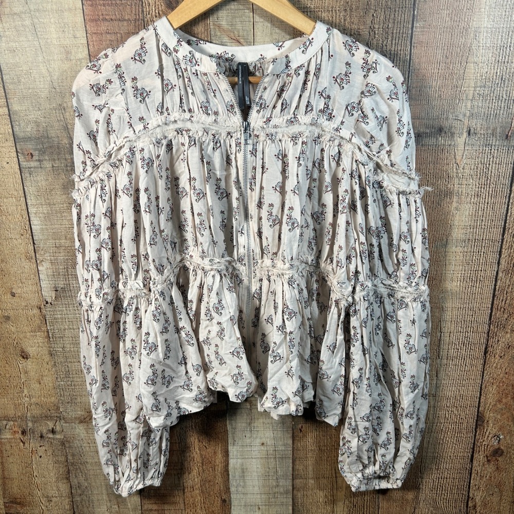 By Anthropologie Floral Block Print Puffy Zip Front Raw Edge Boho Blouse Large